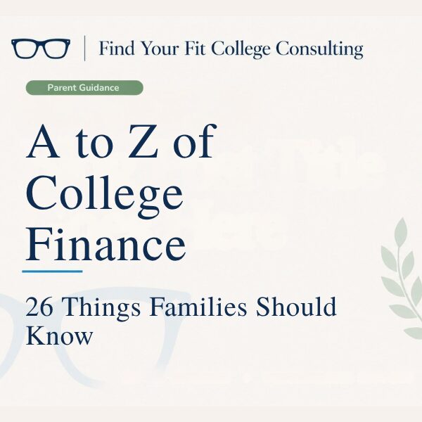 Branded Find Your Fit College Consulting blog graphic for “The A to Z of College Finance,” a guide to college costs, financial aid, budgeting, and borrowing.