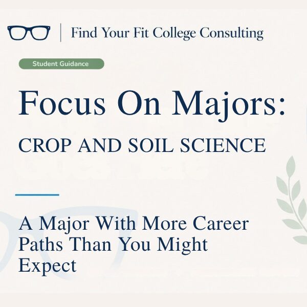 Branded Find Your Fit College Consulting blog graphic for “Crop and Soil Science,” about college majors, sustainability, turfgrass science, and unexpected career paths.