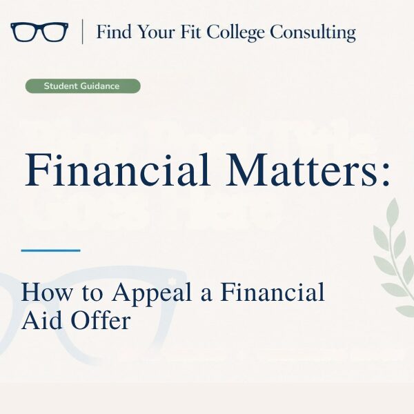 Branded Find Your Fit College Consulting blog graphic for “How to Appeal a Financial Aid Offer,” about requesting a review of a college financial aid package. Title