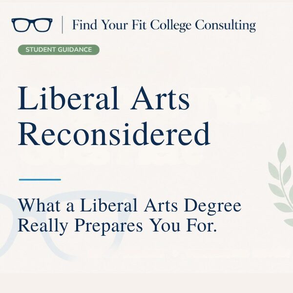 Branded Find Your Fit College Consulting blog graphic for “Liberal Arts Reconsidered,” about what a liberal arts degree can prepare students for.