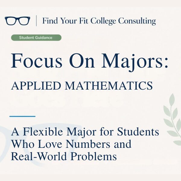 Branded Find Your Fit College Consulting blog graphic for “Applied Mathematics,” about a flexible college major for students who enjoy numbers and real-world problem solvin