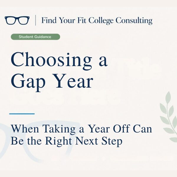 Branded Find Your Fit College Consulting blog graphic for “Choosing a Gap Year,” about planning a purposeful year before college.